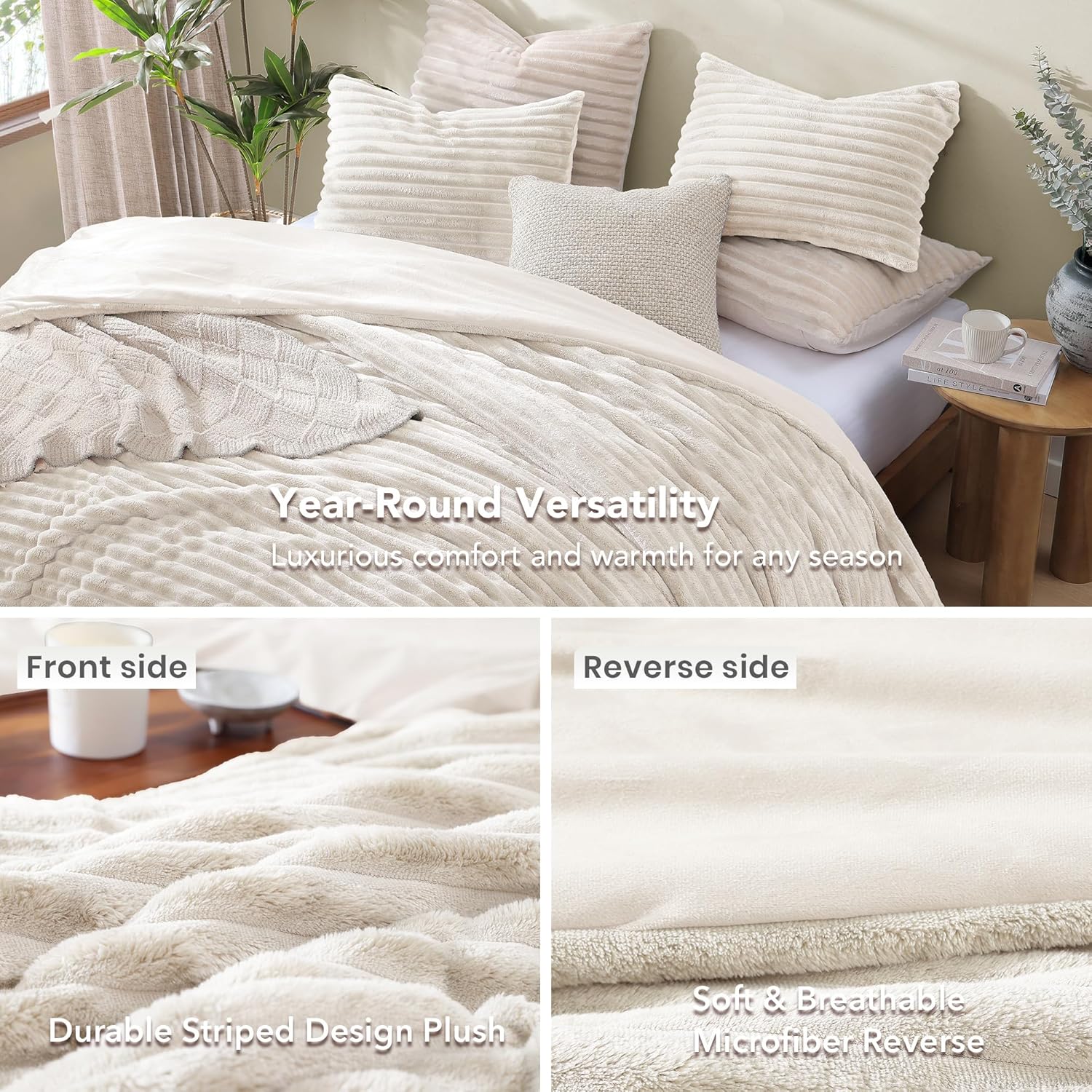 Geniospin Luxury Fluffy King Comforter Set-3 Pieces, Ivory Comforter King Size All Seasons, Faux Fur Bedding Set, Plush Fuzzy Comforter(Ivory, 102''x90'')